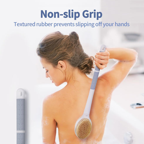 Back Scrubber Body Shower Brush with Anti Slip Long Handle, Soft and Stiff Bristles, Grey