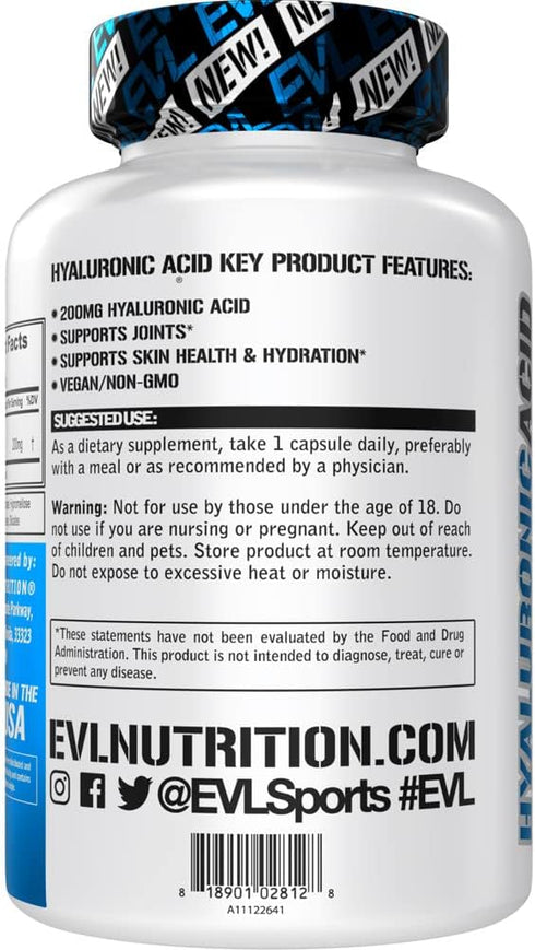 Evlution Vegan Hyaluronic Acid Supplement 200mg Capsules, Dry Skin Support for Women and Men, Non-GMO