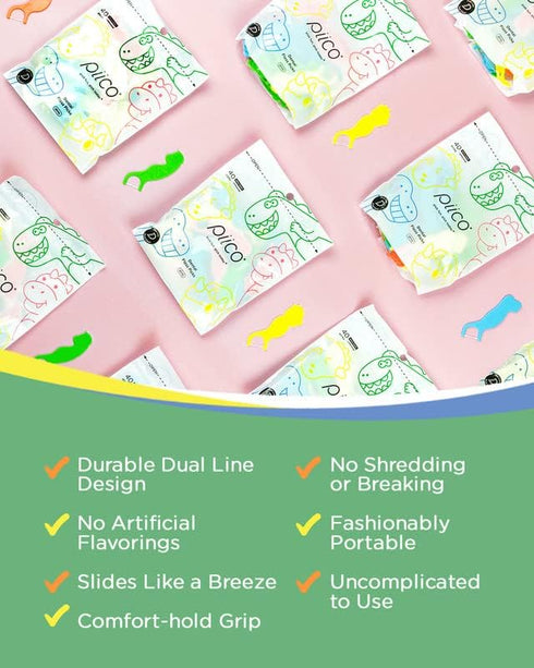Unflavored Kids Floss - No Fluoride Dual Line Dental Floss Picks in Colorful Design, 300 Playground Dino & Travel Case