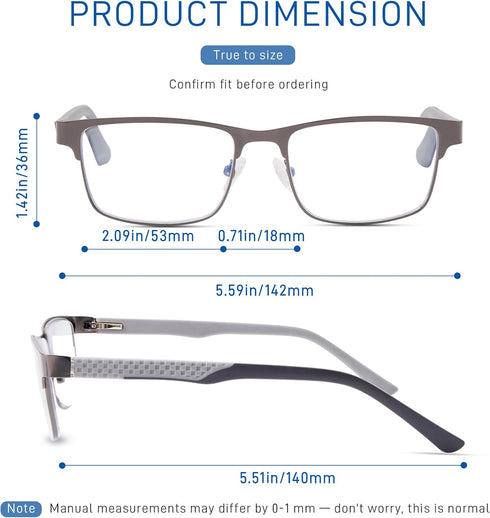 ZERPEET 2 Pack Eyestrain,1.5x Men's Progressive Multifocal Reading Glasses,Rectangle Metal Frame with Spring Hinge