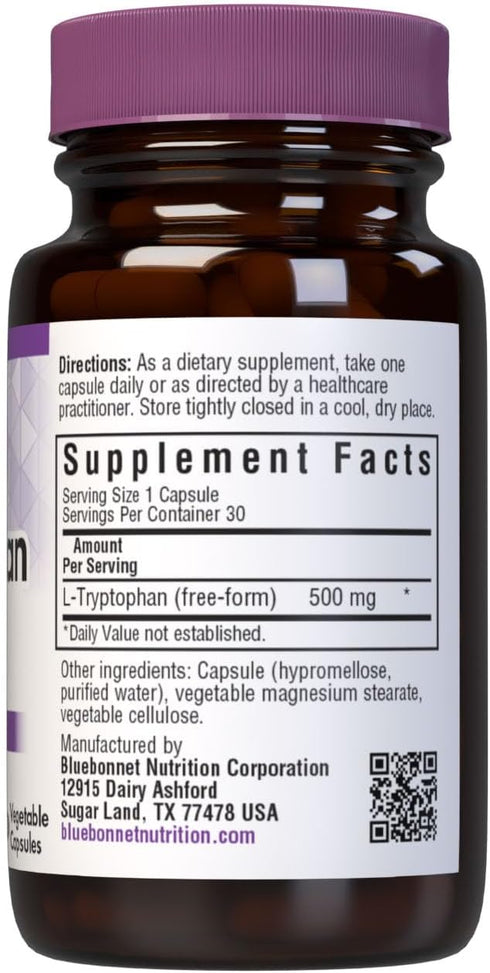 L-Tryptophan 500 mg Vitamin Capsules, 30 Count by BlueBonnet