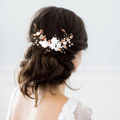 Unicra Rose Gold Flower Bride Wedding Hair Vine Pearl Bridal Hair Piece Leaf Accessories Rhinestone Headband