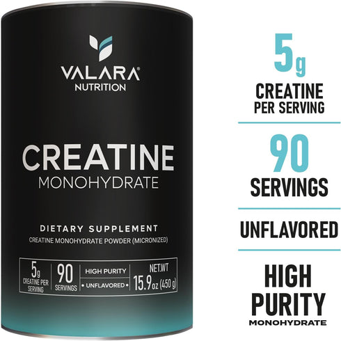 Valara Creatine Monohydrate Micronized Powder 450g, 90 Servings, 5000mg Per Serv, Unflavored, Vegan