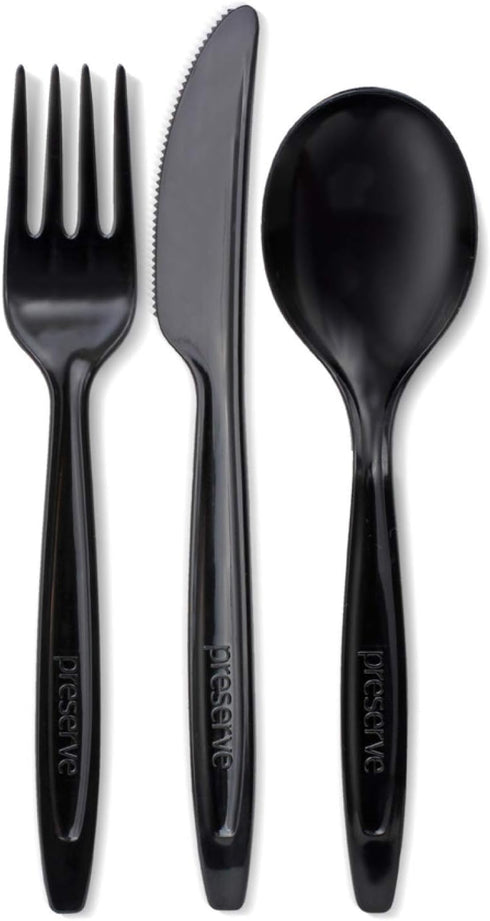 Preserve Recycled Plastic Cutlery - 24 Count (8 Forks, 8 Knives, 8 Spoons) - Made in USA, Black