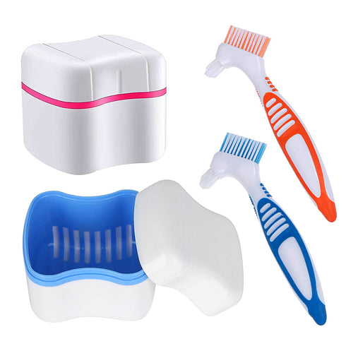Denture Cleaner Box and Brush Set, 2 Pack with Basket + 2 Pack Denture Brush, Portable Storage Box for Oral Care (Blue