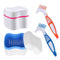 Denture Cleaner Box and Brush Set, 2 Pack with Basket + 2 Pack Denture Brush, Portable Storage Box for Oral Care (Blue