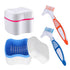 Denture Cleaner Box and Brush Set, 2 Pack with Basket + 2 Pack Denture Brush, Portable Storage Box for Oral Care (Blue