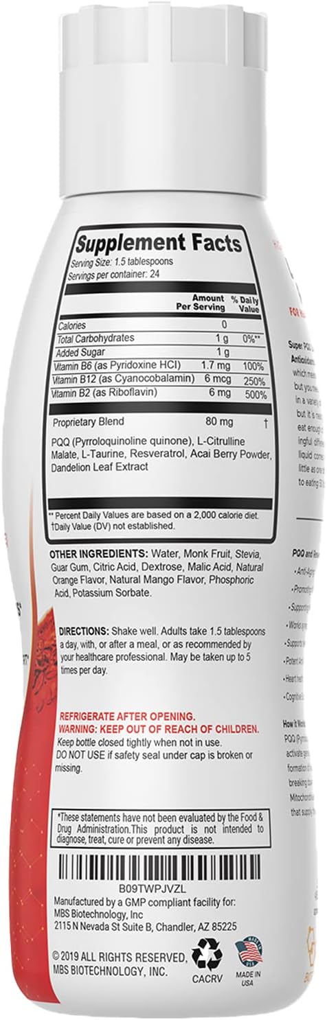 17 Oz 80mg Liquid PQQ Superior Highly Absorbable Pyrroloquinoline Quinone for Mitochondria Energy and Antioxidants. 24 Servings. Supports Heart Health and Cognitive Function.