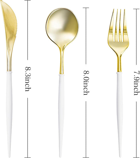 N9R 90PCS Gold Plastic Silverware - Gold Plastic Cutlery Set with White Handle, Heavy Duty Plastic Silverware with 30 Spoons, 30 Forks, 30 Knives - Perfect for Birthday Party, wedding and Everyday Use by N9R