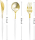 N9R 90PCS Gold Plastic Silverware - Gold Plastic Cutlery Set with White Handle, Heavy Duty Plastic Silverware with 30 Spoons, 30 Forks, 30 Knives - Perfect for Birthday Party, wedding and Everyday Use by N9R