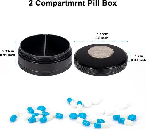 2 Compartment Metal Pill Box, Waterproof Aluminium Travel Case for Daily Medication, Vitamins, Portable Organizer