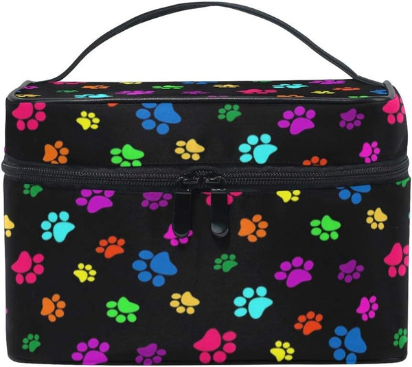 Travel Cosmetic Bag for Women, Colorful Dog Paw Print Toiletry Makeup Pouch Organizer Storage Tote Case