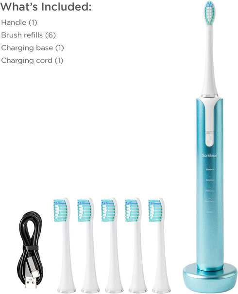 Soniclean Lux Sonic Toothbrush for Adults, Rechargeable with 6 Toothbrush Heads, Automatic Toothbrush, Aqua
