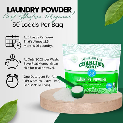 Charlie’s Soap Laundry Powder, 50 Loads (1 Pack) | Hypoallergenic, Eco-Friendly Deep Cleaning Washing Powder