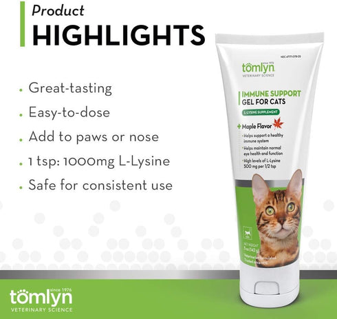 Tomlyn Immune Support L-Lysine Supplement: Maple-Flavored Gel for Cats and Kittens, 5oz