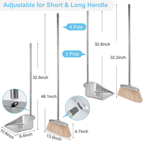 Stainless Steel Broom and Dustpan Set for Home, Heavy Duty Long Handle Dustpan Broom Set for Indoor Outdoor Kitchen Use