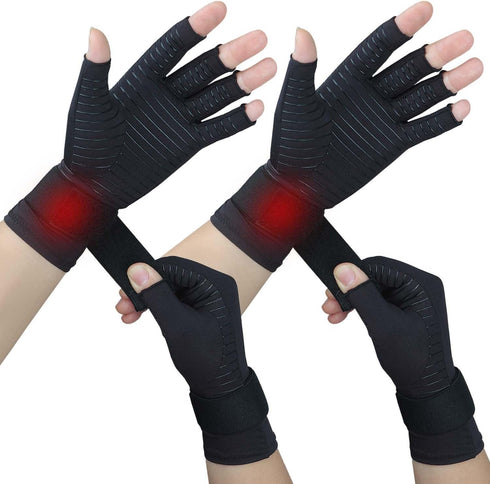 2 Pairs Fingerless Copper Arthritis Gloves for Women Men, Compression Gloves for Hand Pain Relief