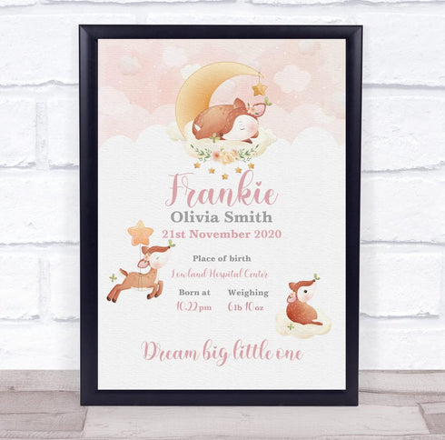 The Card Zoo New Baby Birth Details Christening Nursery Watercolour Deer Keepsake Gift Print