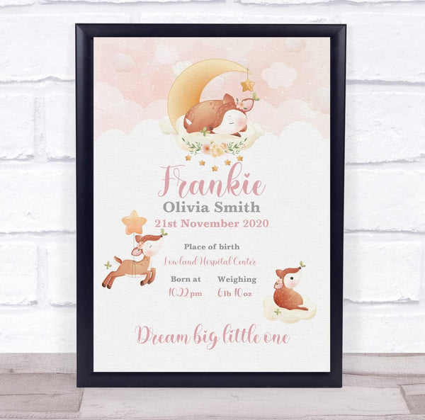 The Card Zoo New Baby Birth Details Christening Nursery Watercolour Deer Keepsake Gift Print
