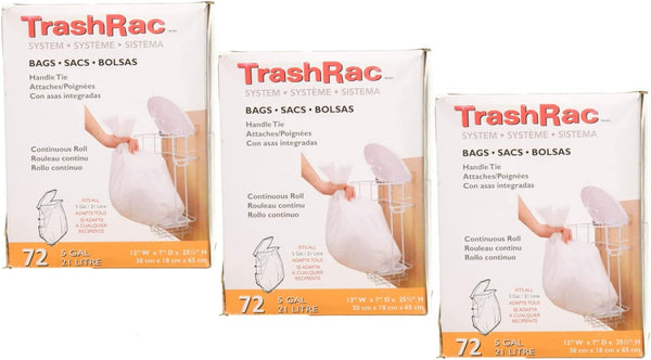 Trashrac 5 Gal. Trash Bags with Handle Tie, 72 Count, Pack of 3