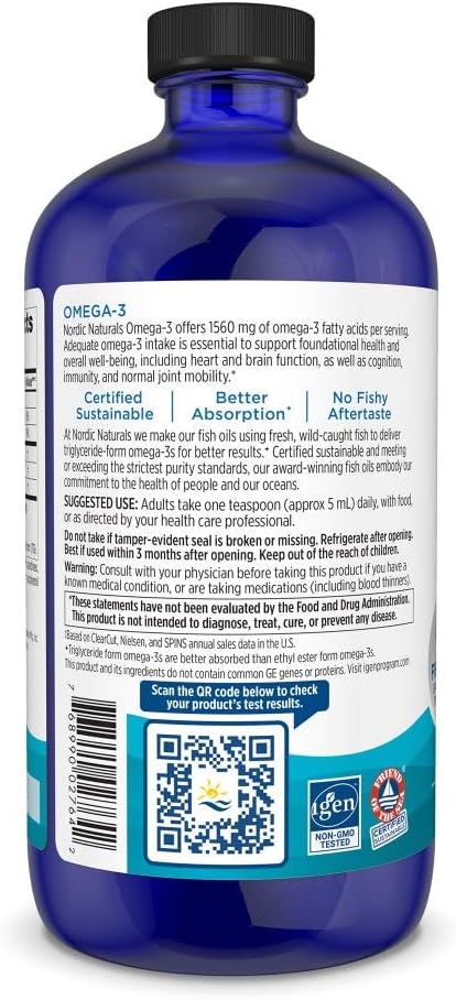 Nordic Naturals Omega-3, Lemon Flavor, 16 oz, 1560 mg Omega-3, Fish Oil, 96 Servings