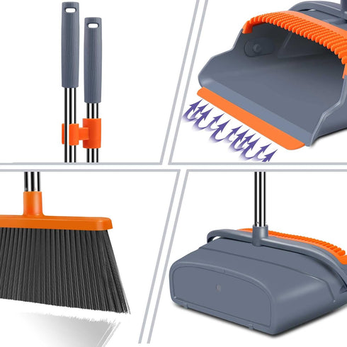 kelamayi Upgrade Broom and Dustpan Set - Self-Cleaning with Dustpan Teeth, Gray & Orange