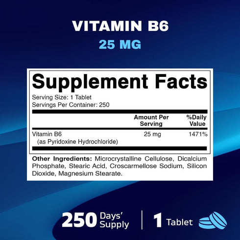 Vitamatic Vitamin B6 (Pyridoxine HCI) 25 mg, 250 Vegetarian Tablets | Promotes Energy Production and Immune Health