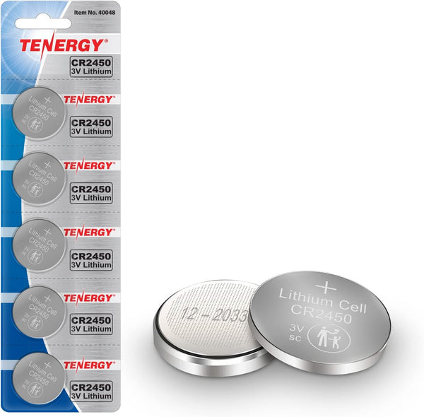 Tenergy CR2450 3V Lithium Coin Cell Battery for Car Key Fob, Remote Controllers, 5 Count (Pack of 1)