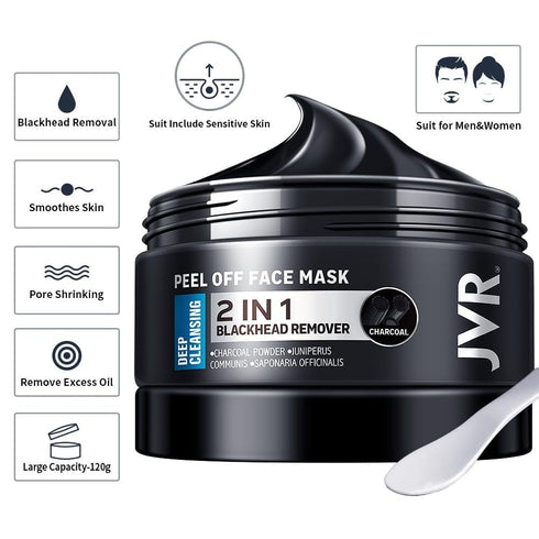 JVR Peel Off Face Mask, Blackhead Remover for Men, Charcoal Facial Mask, 4.23 OZ