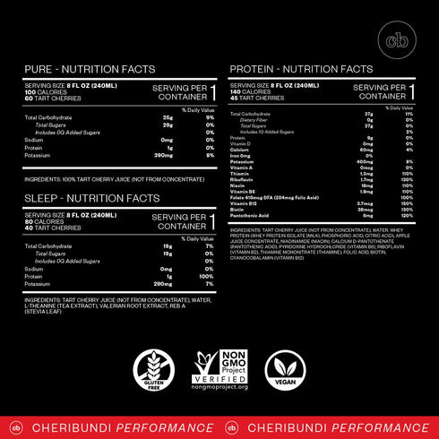 Pack Pack 8 floz (12 Pack) Cheribundi Tart Cherry Juice Power | Variety | Pure, Protein & Sleep Flavors | Athletes