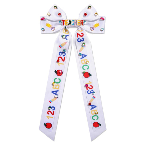 Teacher Hair Bows for Women | Jeweled Satin Ribbon ABC Pencil Hair Bow Clips for Teacher Appreciation Gifts