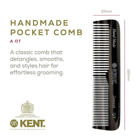 Kent OT Black Graphite Pocket Comb - Handmade Fine and Wide Tooth Hair Comb for Men, Women, Kids