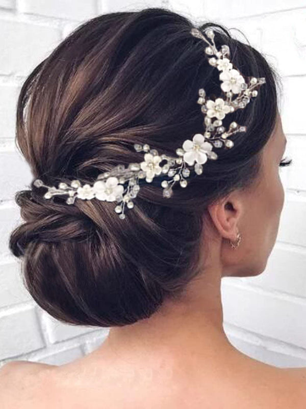 HEREAD Flower Bride Wedding Hair Vine, Pearl Bridal Headband with Rhinestones for Women