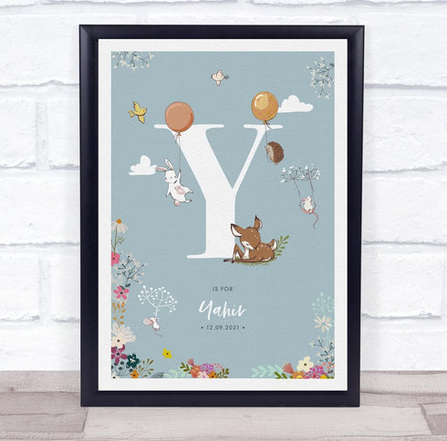 The Card Zoo New Baby Birth Details Christening Nursery Woodland Animals Initial Y Gift Print