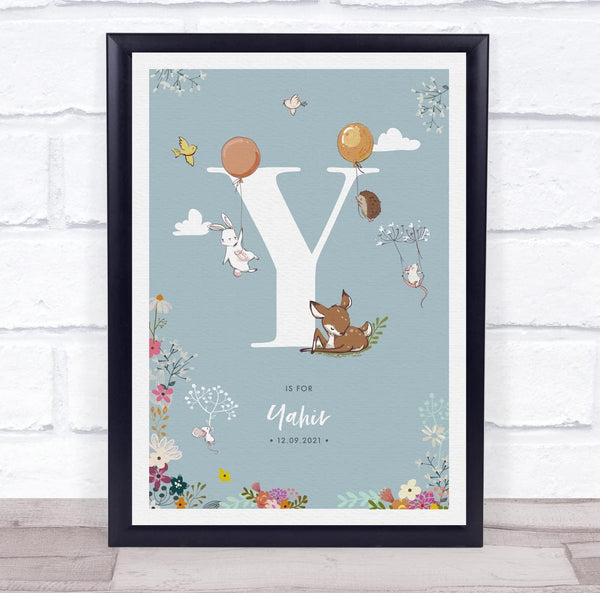 The Card Zoo New Baby Birth Details Christening Nursery Woodland Animals Initial Y Gift Print