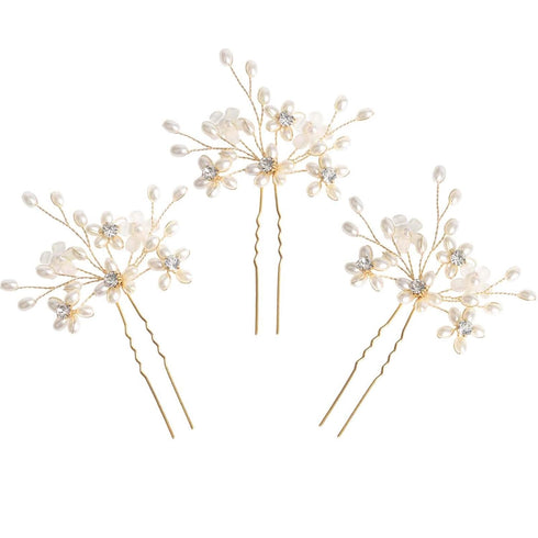 Wedding Hair Pins (3 Pcs) - Elegant Pearl Floral Crystal Hair Accessories for Bridal Women in Gold