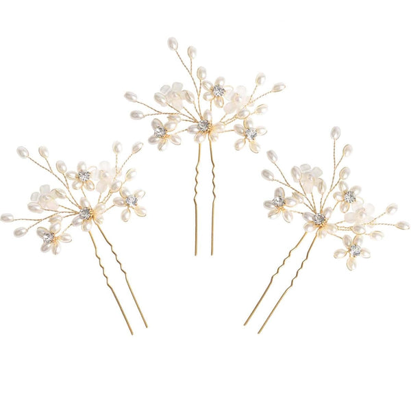 Wedding Hair Pins (3 Pcs) - Elegant Pearl Floral Crystal Hair Accessories for Bridal Women in Gold