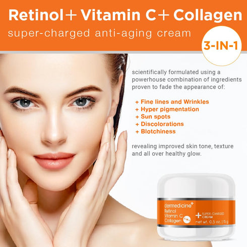 Super Charged Anti-Aging Cream for Face | Vitamin C + Retinol + Collagen | Pharmaceutical Grade Quality (TRIAL .5oz)