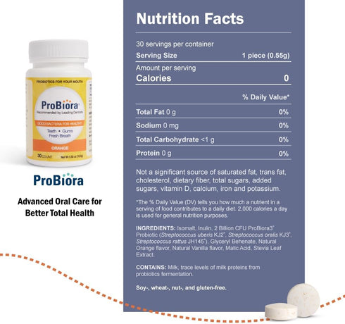 ProBiora Oral-Care Chewable Probiotic Tablets | Probiotic Supplement for Women & Men | Healthier Teeth & Gums | Fresher Breath | Whiter Teeth | Better Overall Health | 30 Count | Orange