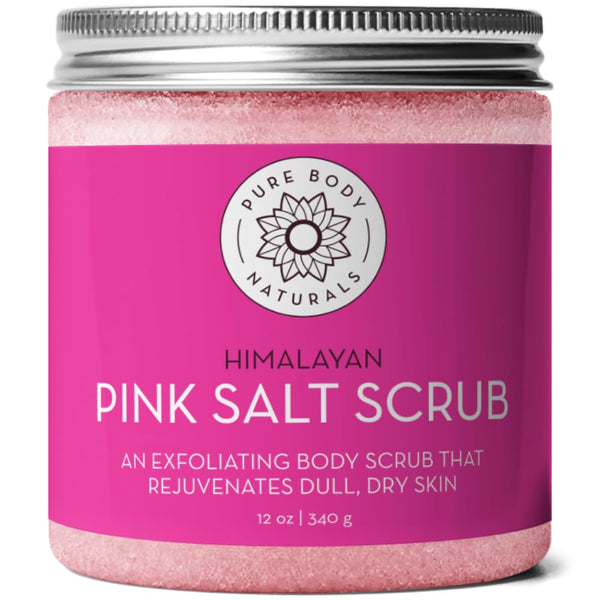 Pure Body Naturals Himalayan Salt Scrub, 12 ounces - Natural Exfoliator with Sweet Almond Oil, Jojoba Oil, Vitamin E