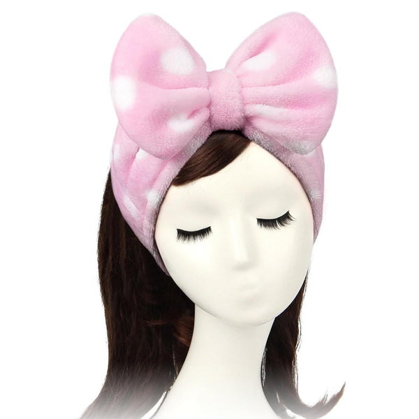 Shintop Women Fashion Soft Carol Fleece Bowknot Makeup Cosmetic Shower Elastic Hair Band, Pink Polka Dots