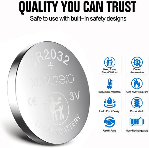 XUNIUZERO 2032 (12 Pack) CR2032 3V Lithium Battery Child Safety Features Compatible with AirTag Key Fob Tea Light