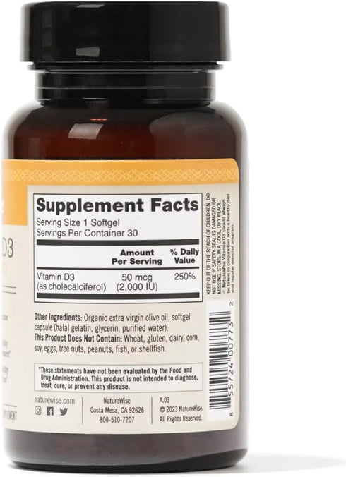 NatureWise Vitamin D3 2000iu (50 mcg), 30 Count Mini Softgel, Immune Support, Non-GMO, Gluten Free in Cold-Pressed