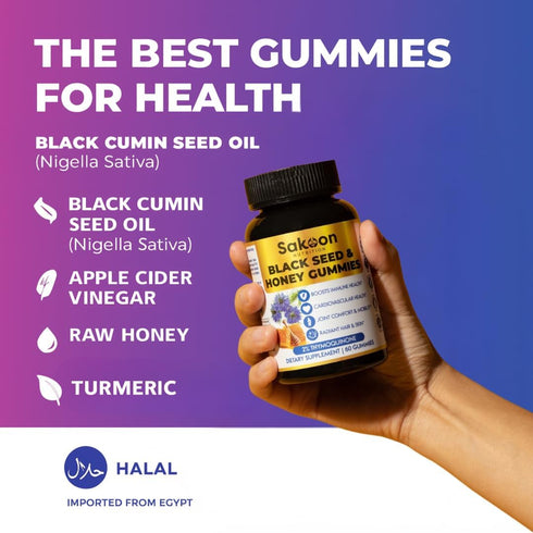 Sakoon Nutrition Black Seed Oil Gummies with Honey, 2%+ THYMOQUINONE, Super Antioxidant for Immune Support, 60 Gummies