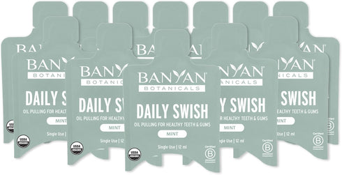 Banyan Botanicals Organic Daily Swish Mint Travel Packets - 12 ct - Ayurvedic Oil Pulling Mouthwash for Oral Health