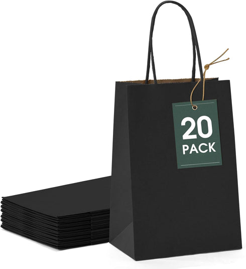 GSSUSA Kraft Paper Gift Bags 5.25x3.75x8'' 20 Pcs, Black Paper Bags with Handles for Shopping, Craft, Party