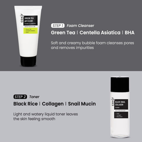 coxir BLACK SNAIL COLLAGEN STARTER KIT | Repairing & Firming with Black Rice, Bean, Snail Mucin, Collagen (3.19 fl.oz)