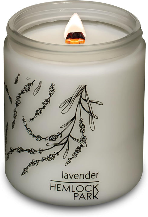 Hemlock 60 8 oz Park Lavender Frosted Hand-Poured Scented Candle | Crackling Wood Wick, Botanical Fragrance & Coconut