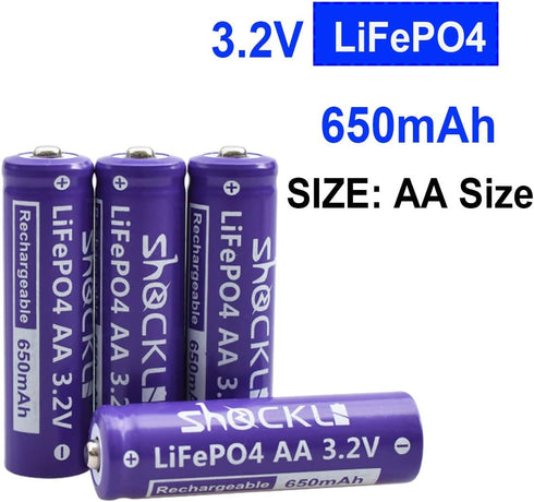 Shockli AA 3.2V LiFePo4 650mAh Battery (4 Pack), Ideal for Solar Garden Light