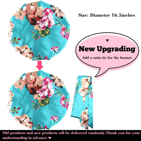 Large Round Satin Bonnet for Sleeping, Double-Layer Elastic Hair Bonnet with Silky Tie Band for Women, Green Floral